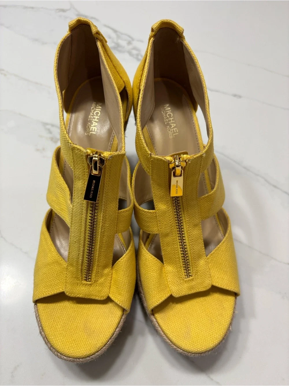 MICHAEL Michael Kors Yellow Espadrille Wedge Sandals with Front Zip Detail